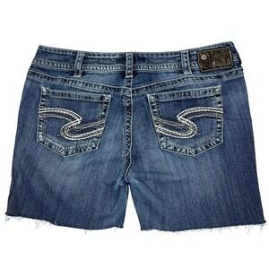 Y2K Jean Shorts Sz 14 / 34" Cutoffs Low-Rise Western‎ Rodeo Denim Jorts Silver